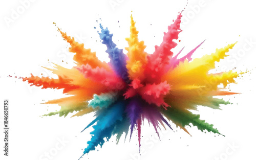Vibrant explosion of colorful powder splashes isolated on white background, abstract paint burst with dynamic motion, rainbow pigments frozen in midair, creative energy, high contrast, studio lighting