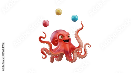Cartoon Octopus with Playful Floating Brightly Colored Balls