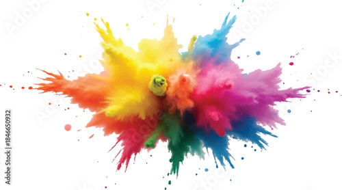 Vibrant explosion of colorful powder splashes isolated on white background, abstract paint burst with dynamic motion, rainbow pigments frozen in midair, creative energy, high contrast, studio lighting