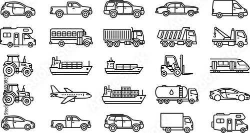 Transportation and logistics vehicle line icons set including car, truck, bus, ship, airplane, tractor, and delivery van symbols.