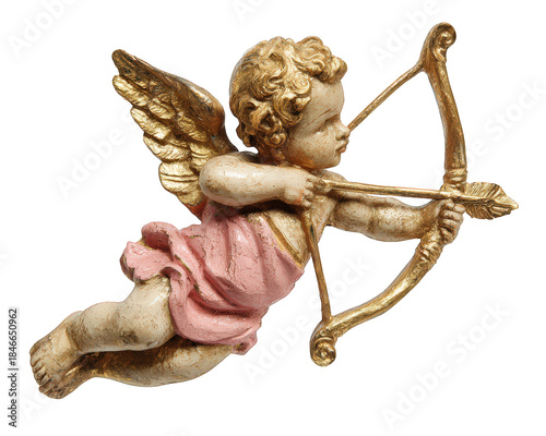 Gold cupid angel statue aiming bow and arrow romantic symbol of love. Antique cherub figure isolated, perfect for valentine day decoration or mythological art