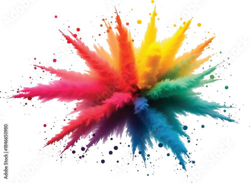 Vibrant explosion of colorful powder splashes isolated on white background, abstract paint burst with dynamic motion, rainbow pigments frozen in midair, creative energy, high contrast, studio lighting