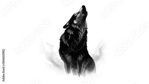 Black and White Illustration of a Wolf Howling at the Moon