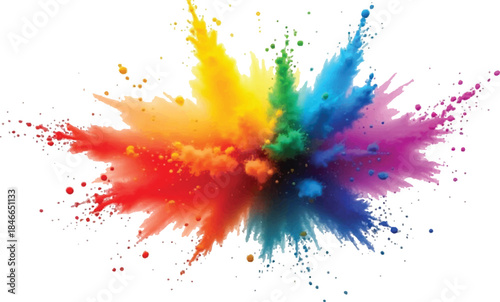 Vibrant explosion of colorful powder splashes isolated on white background, abstract paint burst with dynamic motion, rainbow pigments frozen in midair, creative energy, high contrast, studio lighting