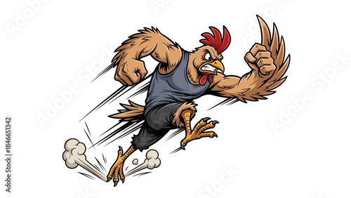 Aggressive Muscular Rooster Running with Speed Lines Motion Pose