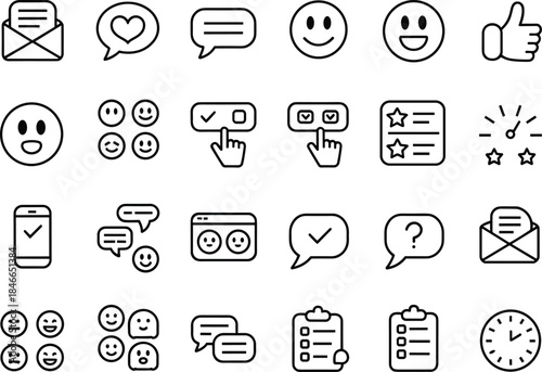 Customer feedback, satisfaction survey, and review line icons set including smileys, stars, speech bubbles, checklists, and thumbs up signs.
