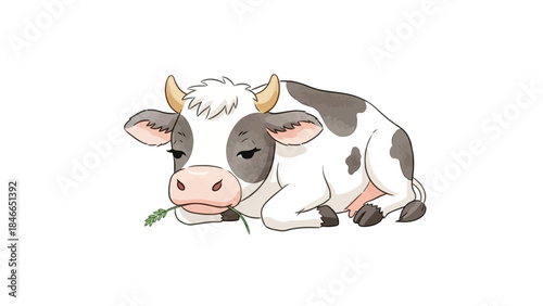 Adorable Cartoon Cow Lying Down Grazing with Pink Features
