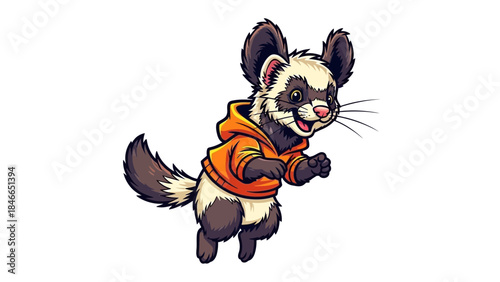 Funny Cartoon Ferret in Bright Orange Hoodie Smiling Illustration