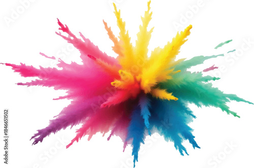 Vibrant explosion of colorful powder splashes isolated on white background, abstract paint burst with dynamic motion, rainbow pigments frozen in midair, creative energy, high contrast, studio lighting