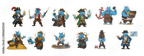 Vibrant Cartoon Illustration of Rhino Characters Representing Maritime Roles and Exploration.