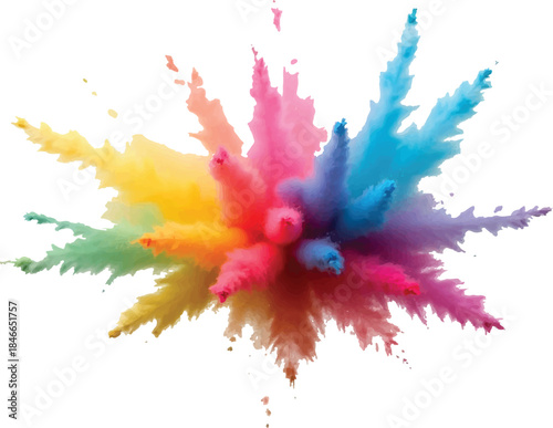 Vibrant explosion of colorful powder splashes isolated on white background, abstract paint burst with dynamic motion, rainbow pigments frozen in midair, creative energy, high contrast, studio lighting