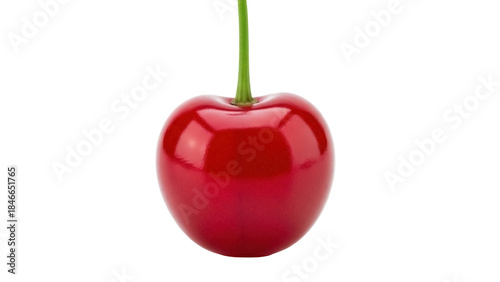 Isolated sweet, deep-red Rainier cherry, complete with its fresh-looking stem, healthy shape