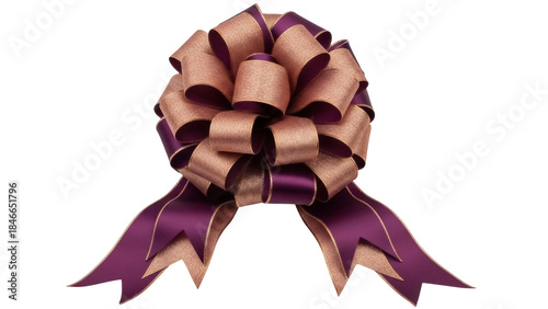 Isolated gift bow of luxurious purple and gold ribbon for birthday presents, decorations