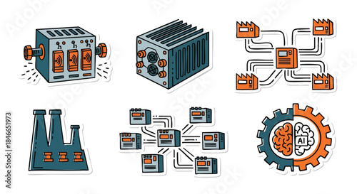This vibrant collection of hand-drawn sticker icons illustrates industrial automation, data networking, artificial intelligence, and core technological processes.