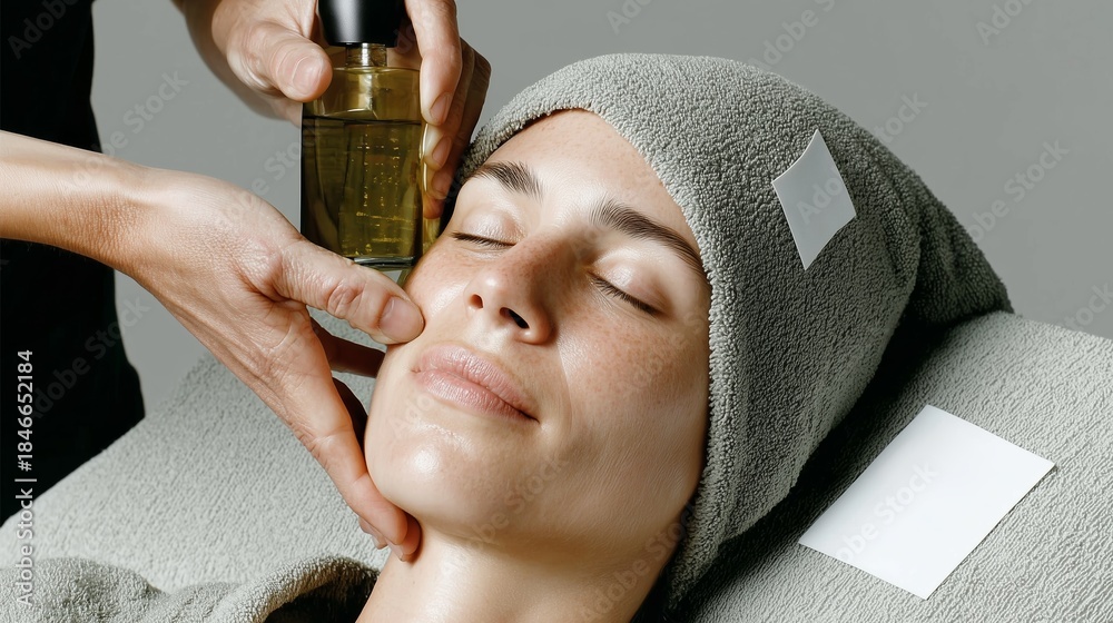 Naklejka premium Woman receiving facial treatment with oil in spa setting during daytime