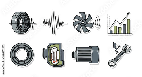 This modern vector icon set visually represents essential mechanical engineering, industrial diagnostics, and maintenance concepts for technical design.
