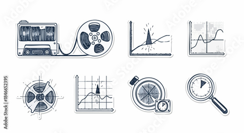 This illustrative set of hand-drawn doodle icons depicts crucial data analysis, business trend tracking, vintage audio recording, and precise measurement tools.