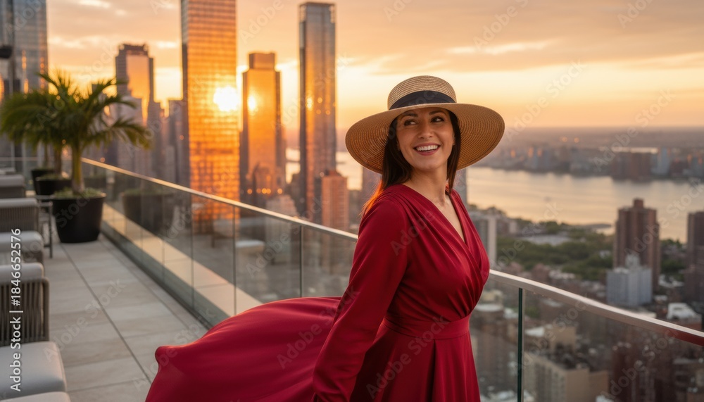 Fototapeta premium Smiling woman in a large sun hat and flowing red dress stands on a city skyscraper rooftop terrace at sunset overlooking New York
