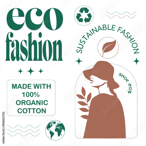 Eco-fashion and apparel Ad Template using flat vector design. Include areas for sustainability claims, product visuals, and CTA