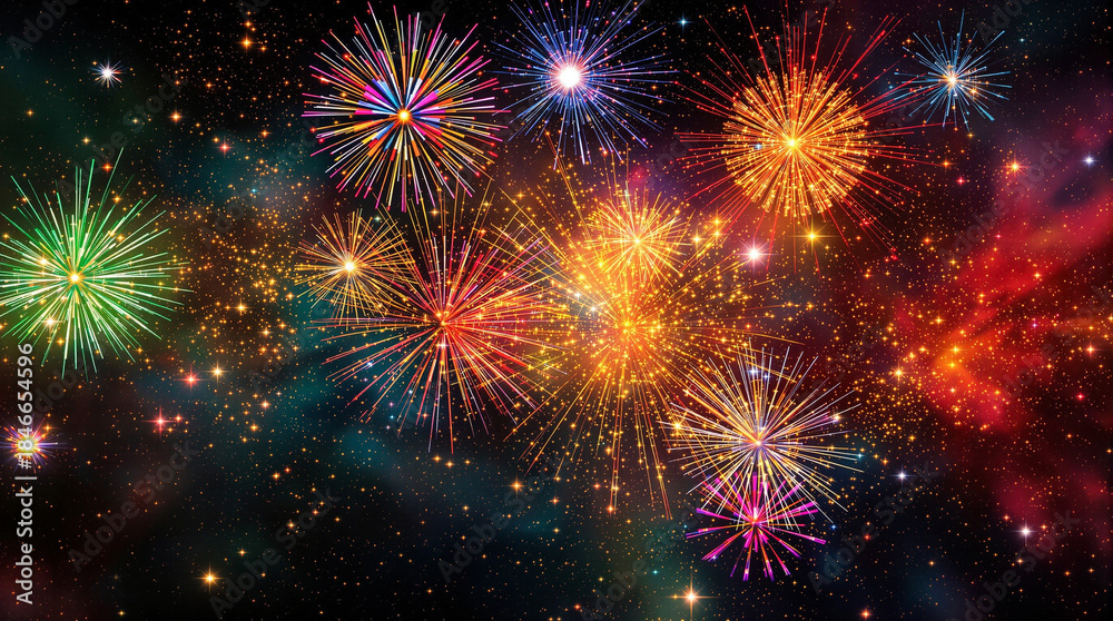 Naklejka premium 宇宙のような夜空に広がるカラフルで幻想的な花火の風景