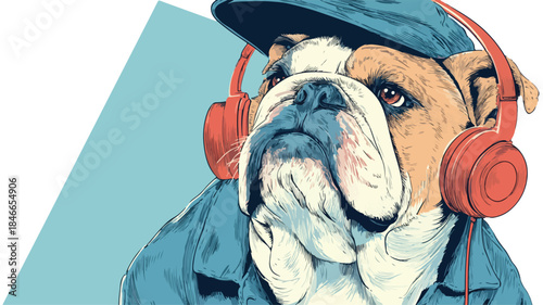 Stylish Bulldog Enjoying Music Vector Illustration