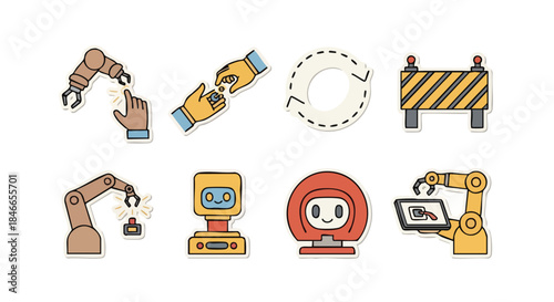 This vibrant collection of flat-design icons showcases modern robotics, artificial intelligence, automation, and human-machine interaction concepts.