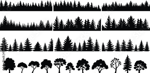 Evergreen pine forest silhouette borders collection with dense woodland horizons and individual tree shapes, black nature landscape vector illustration