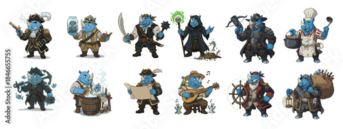 Character Lineup of Adventurous Rhinoceros Pirates. Versatile Rhino Mascot Illustrations