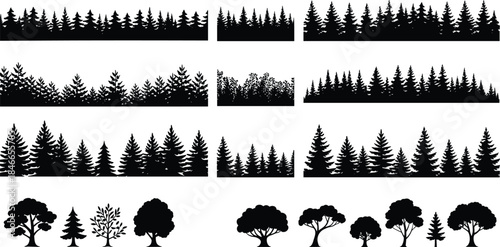 Evergreen forest silhouette borders collection with pine tree horizons and individual woodland elements, black nature landscape set, vector illustration