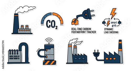 This vector set shows industrial buildings, smart energy grids, carbon tracking, and dynamic load shedding for environmental sustainability.