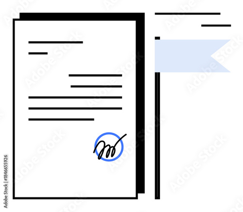 Legal contracts, approval processes, official certifications, business agreements, document authentication, digital signature. Pages with signature and ribbon. Legal contracts and authentication