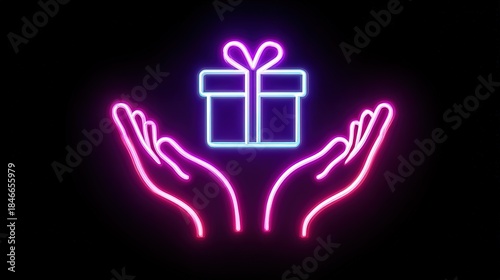 Neon outline icon of two hands holding a wrapped Christmas gift
