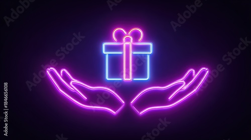 Neon outline icon of two hands holding a wrapped Christmas gift
