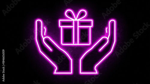 Neon outline icon of two hands holding a wrapped Christmas gift
