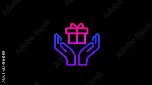 Neon outline icon of two hands holding a wrapped Christmas gift
