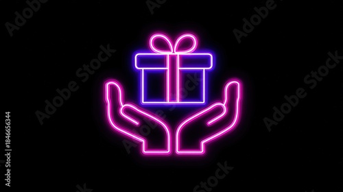 Neon outline icon of two hands holding a wrapped Christmas gift
