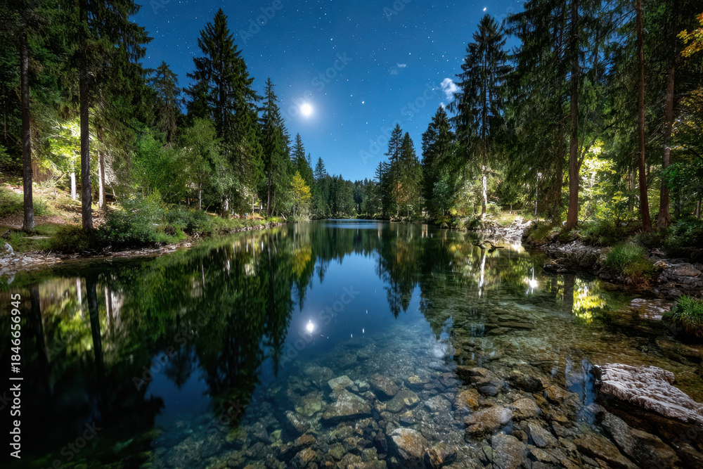 Obraz premium Moonlit Forest Lake with Clear Water and Stars
