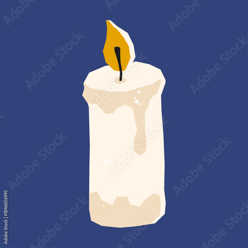Cozy white candle with melted wax drips and warm yellow flame on dark blue background. Simple winter and Christmas illustration perfect for holiday cards, posters, wrapping and seasonal decor.