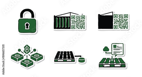 Illustrative icons depicting digital security, secure supply chain logistics, blockchain technology, and data management for modern business solutions.