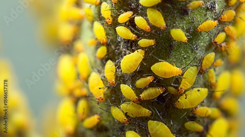 Macro view of oleander aphids colony showing yellow insects, aphis infestation, plant stem damage, agricultural pest problem, insect behavior, ecology research, botany study crop protection concept