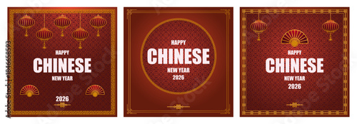 set template vector in Chinese New year theme. Ratio 1:1 with red and gold color combination. For social media post, greeting card and etc.