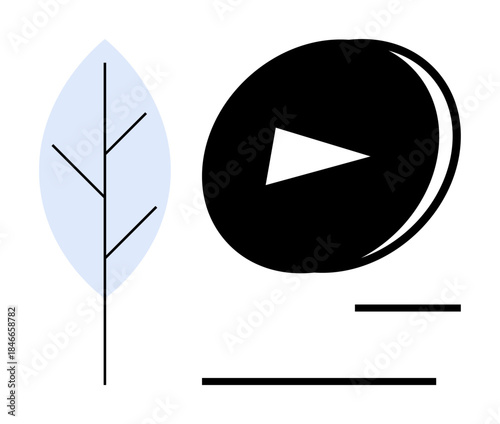 Media streaming, eco-friendly technology, sustainability, minimalism, modern design, environmental awareness. Black play button and abstract blue leaf icon. Media streaming and eco-friendly