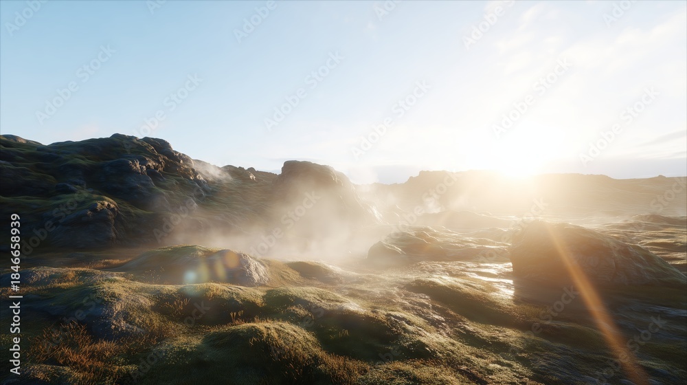 Fototapeta premium Sunlight shines over rocky landscape with mist rising in the early morning