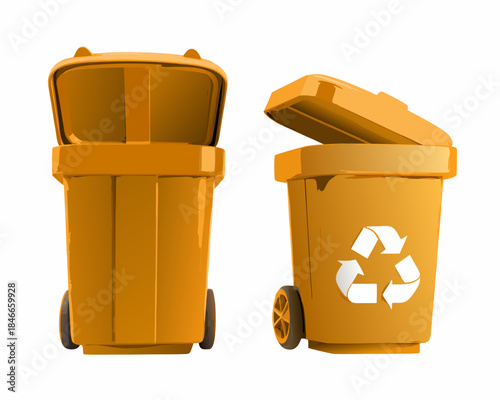 Two orange trash or recycling bins with open and closed lids shown