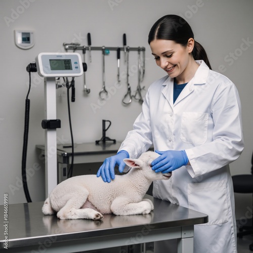 Veterinarian performs medical checkup on newborn white lamb at a modern farm animal clinic