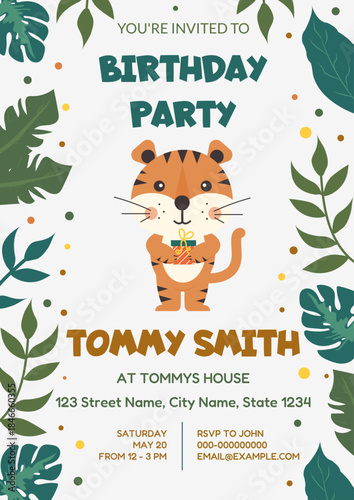 A children's birthday invitation featuring a cute little tiger. Vector illustration on a light background with colored text.