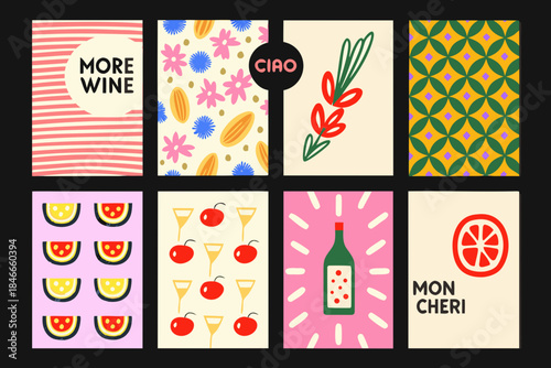 Colorful collection of illustrated wine and fruit themed art prints arranged in a grid