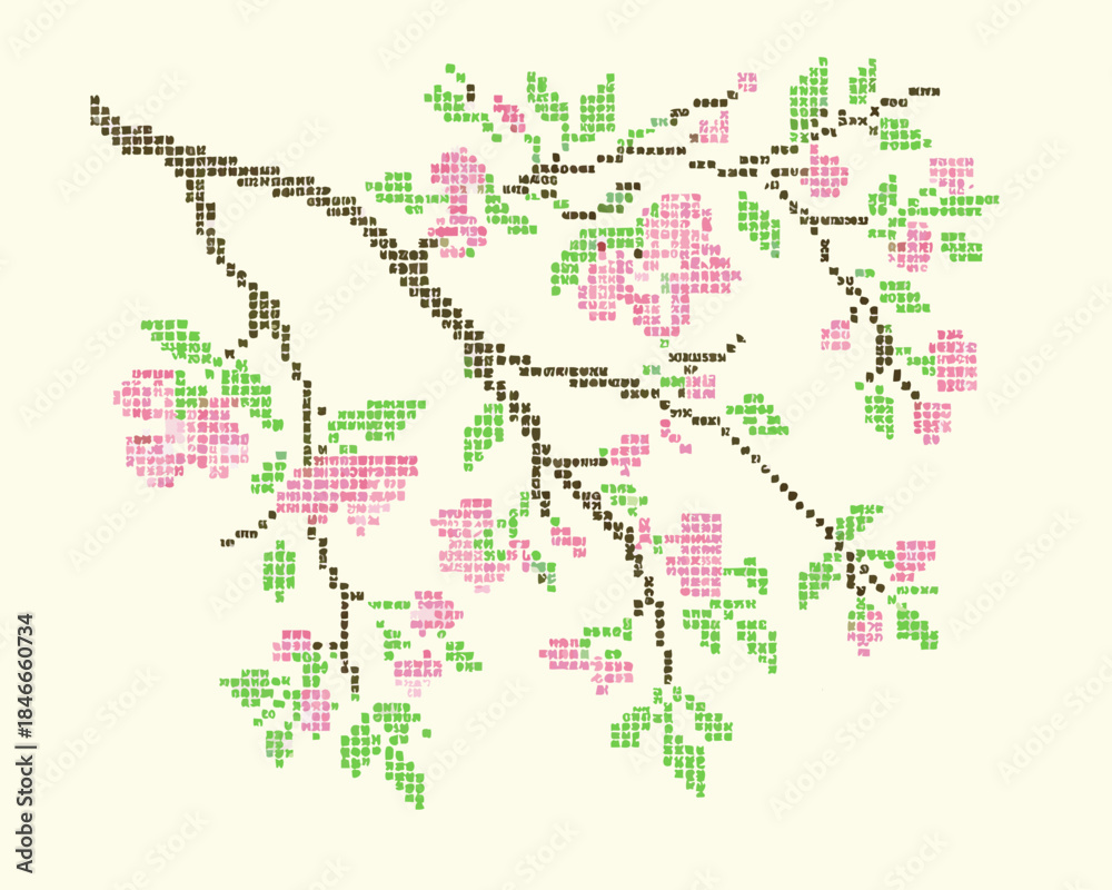 Fototapeta premium A pixelated branch of cherry blossoms with pink and green hues