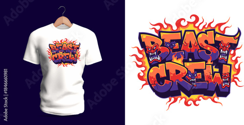 A fierce T-shirt design showing the phrase “Beast Crew” with fiery outlines, roaring monster faces, bold graffiti-style letters, and intense flame shapes. The sharp angles, dramatic palette