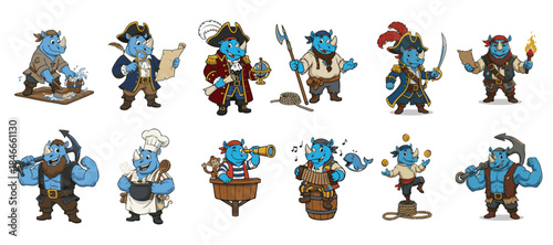Character Lineup of Adventurous Rhinoceros Pirates. Versatile Rhino Mascot Illustrations
